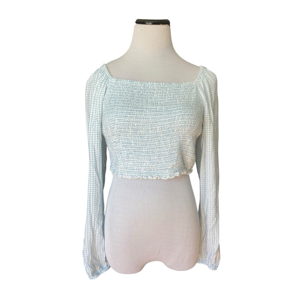 Gingham Milkmaid Smocked Crop Top Size‎ L Blue Farm Prairie Cottagecore Coquette